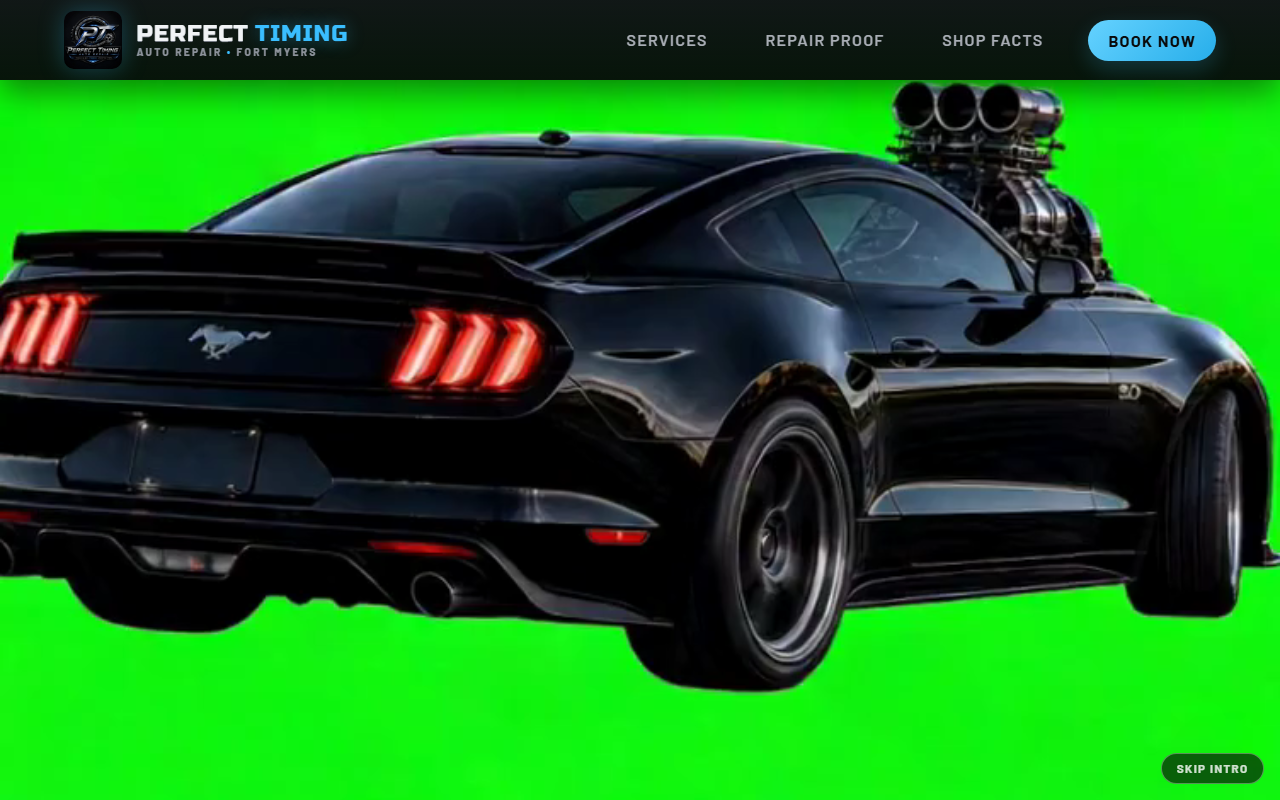 Perfect Timing Auto Repair website hero with the shop logo and a black performance car