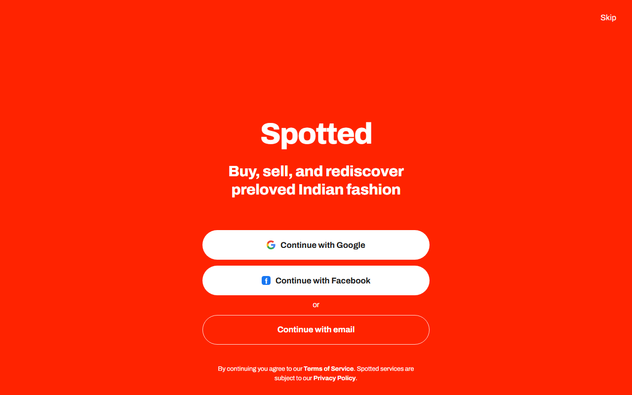 SPOTTED sign-in screen with a vivid red background